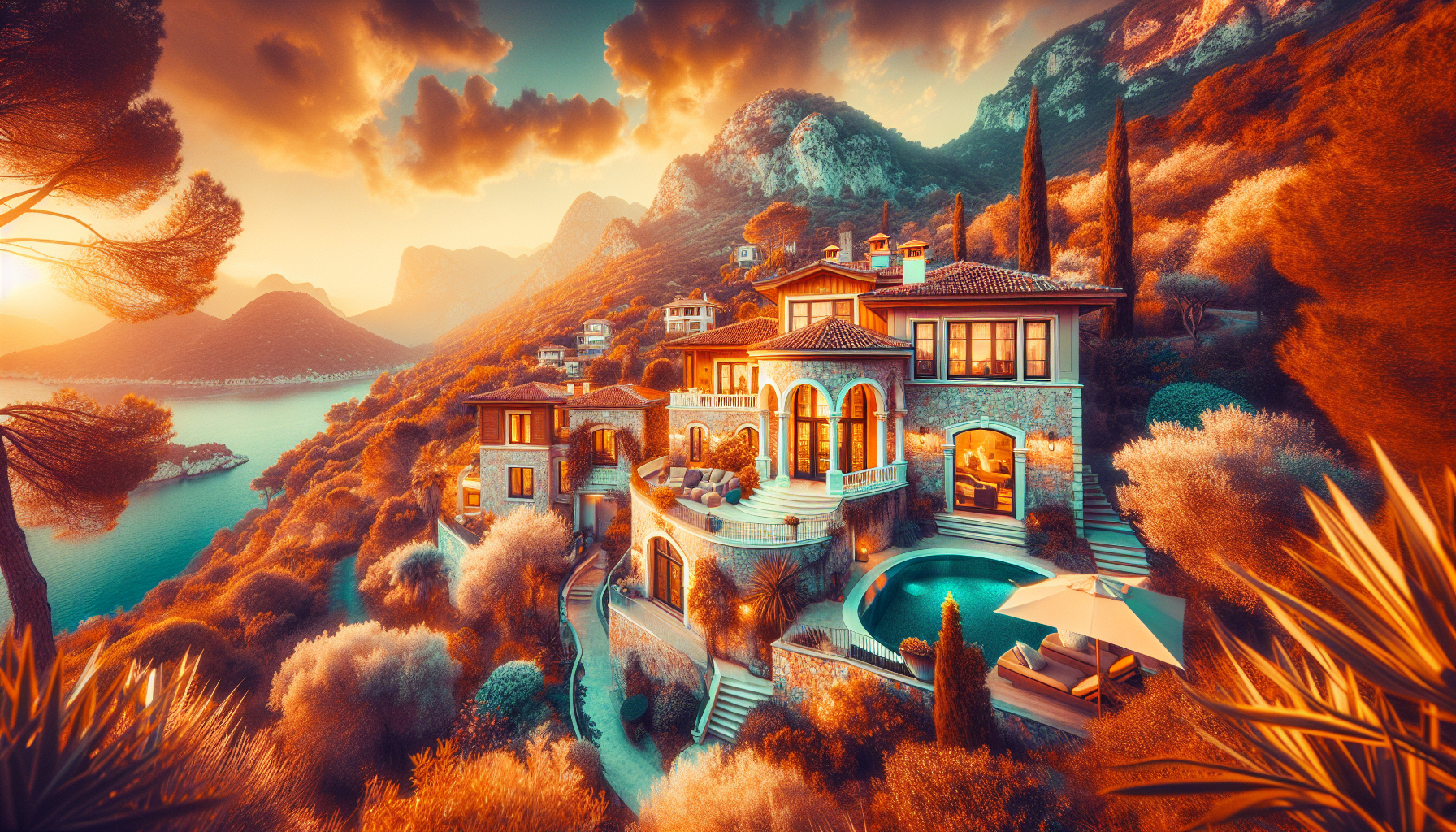 Göl manzaralı lüks villa, taş cephe ve geniş teras.
