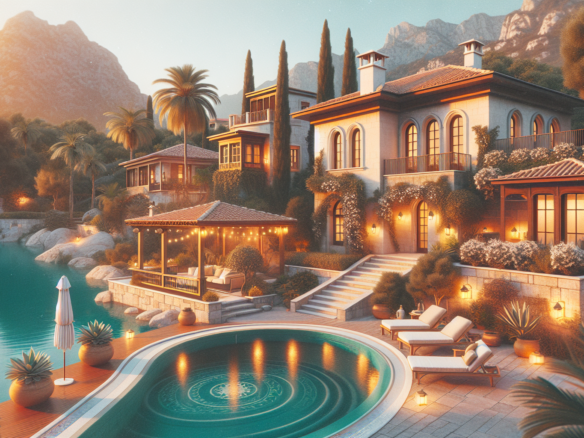 Göl kenarında lüks villa, havuz ve bahçe.