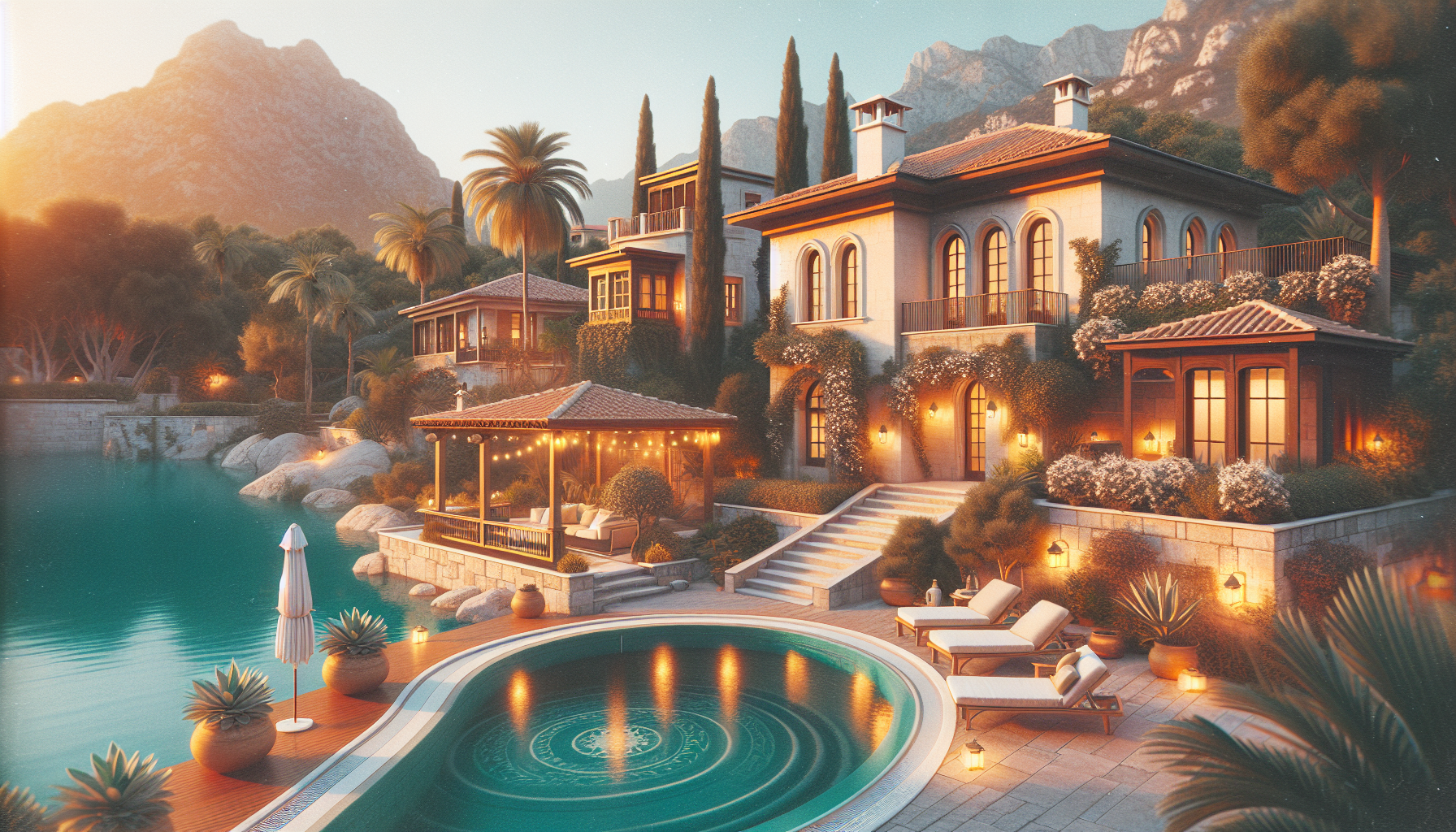 Göl kenarında lüks villa, havuz ve bahçe.