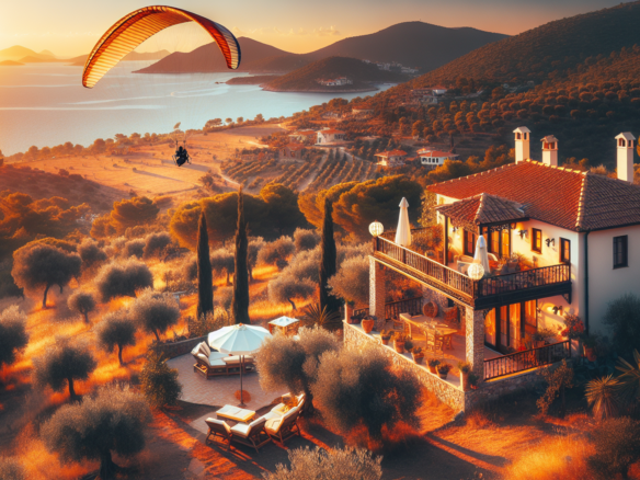 Deniz manzaralı villa ve yamaç paraşütü yapan kişi.