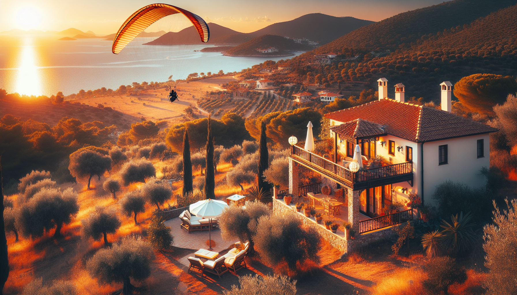 Deniz manzaralı villa ve yamaç paraşütü yapan kişi.